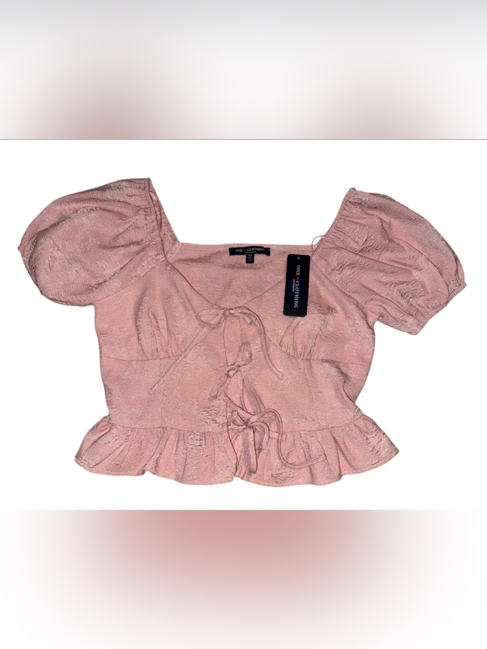 one clothing Rose Pink Puff Sleeve Tie-Front Ruffle Top